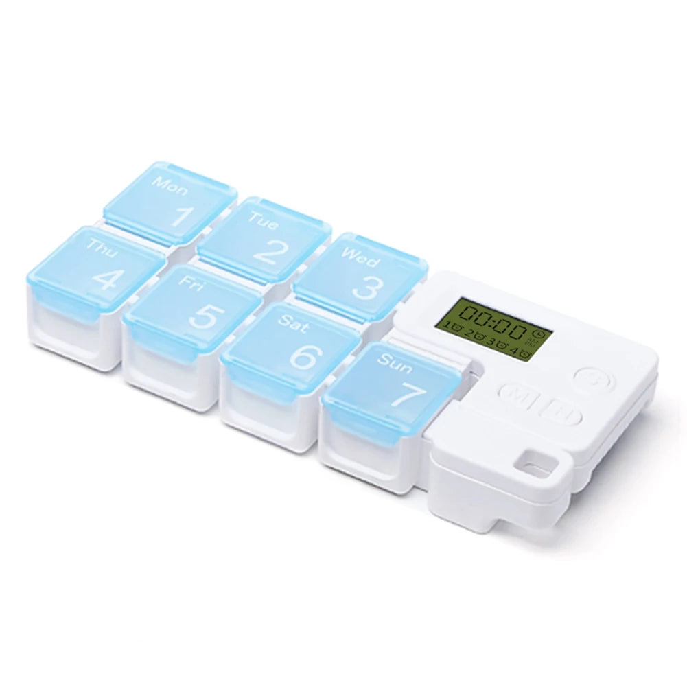 Weekly medication storage with alarm system