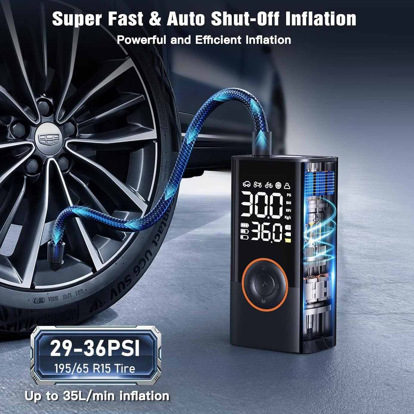 Compact wireless air pump with LED light and USB port