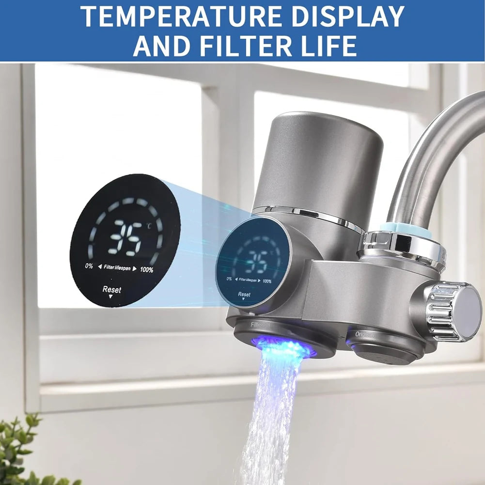 Water filter faucet with digital temperature display and filter life indicator, water flowing.
