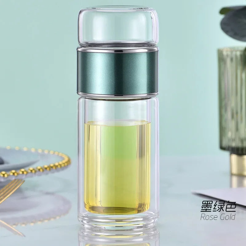 Glass tea bottle with built-in strainer