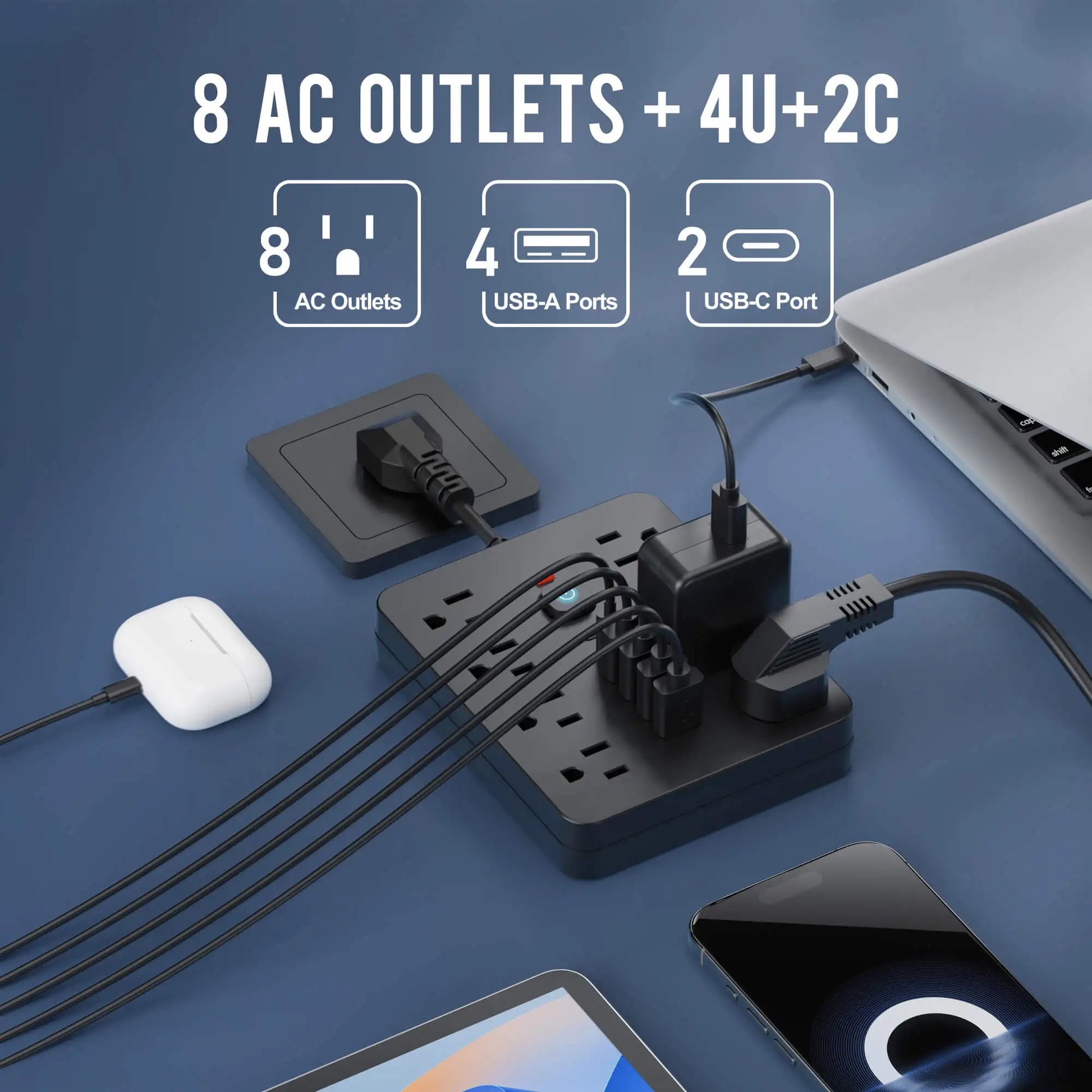 Multi-outlet power strip with USB ports