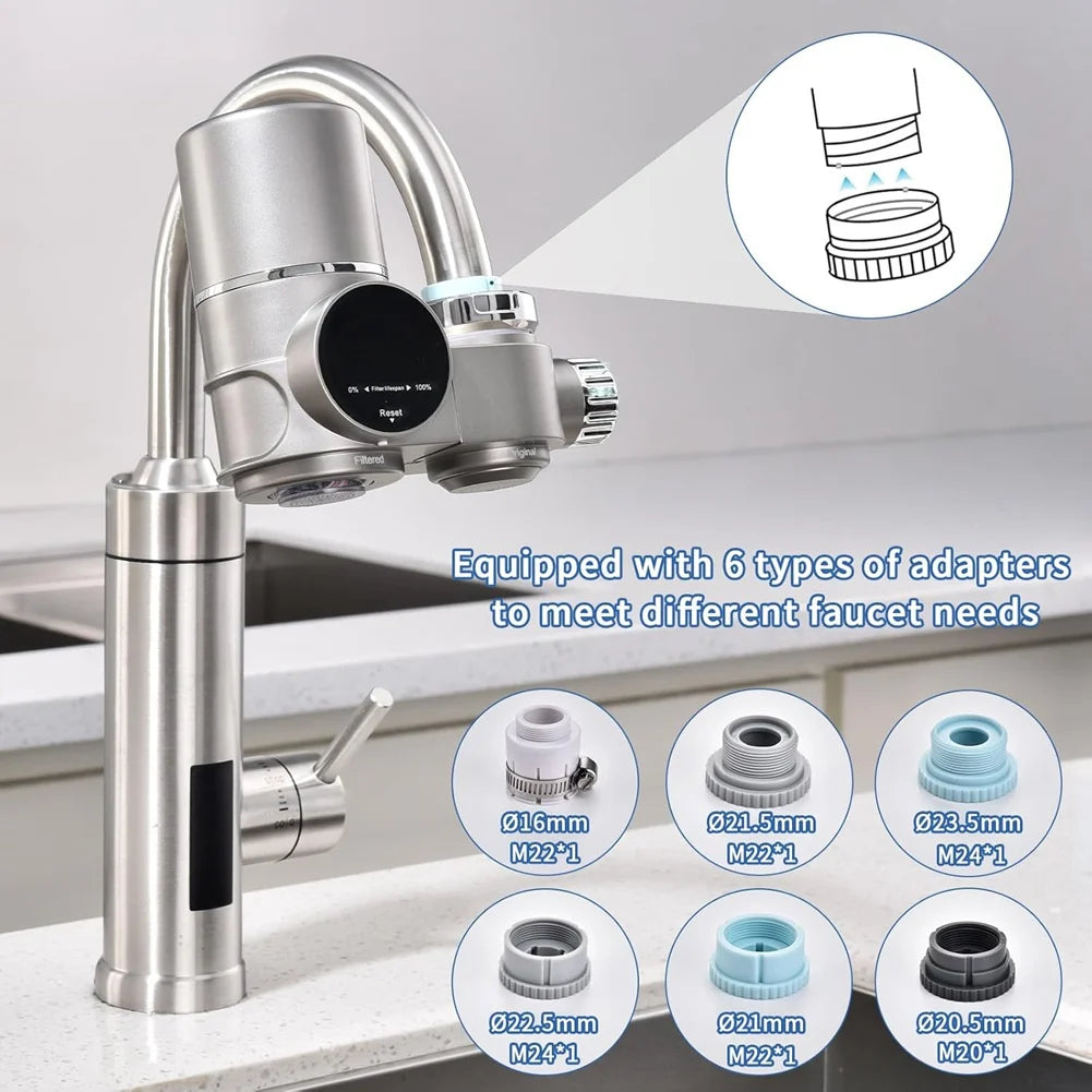 Stainless steel kitchen faucet with adapter illustrations on a white background