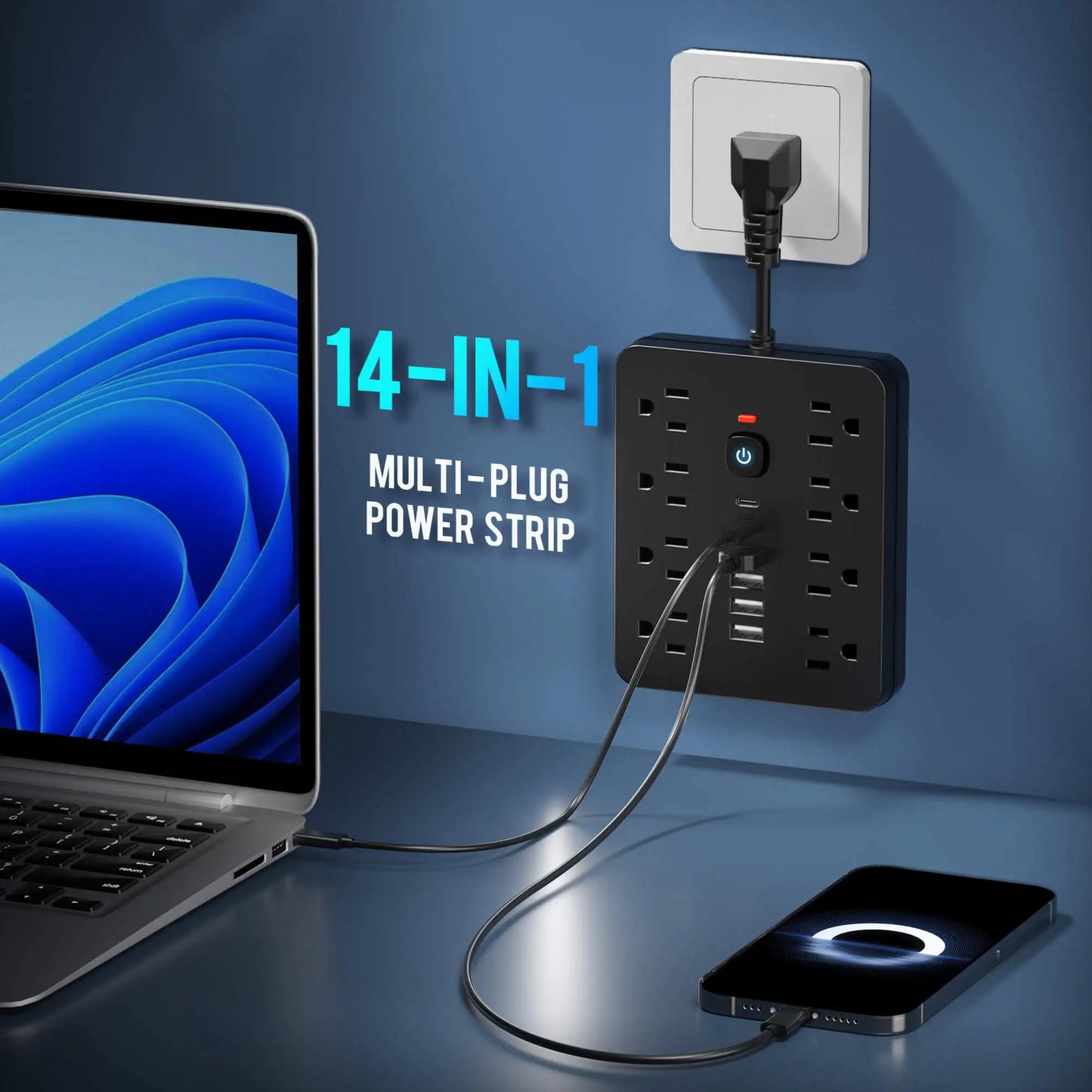 Surge protector with 14 outlets and USB