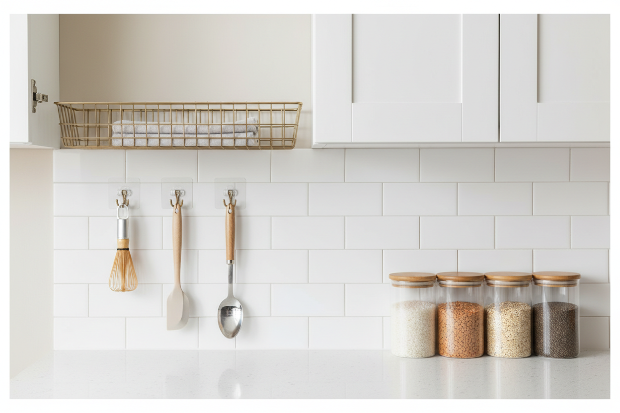 Minimalist kitchen storage scene on a light countertop: peel-and-stick hooks holding lightweight kitchen tools, slim over-cabinet basket, clear containers aligned neatly, neutral background, soft daylight, premium product photography style, airy and clean, gentle shadows, no hands, no text, no logos, banner composition with space for headline